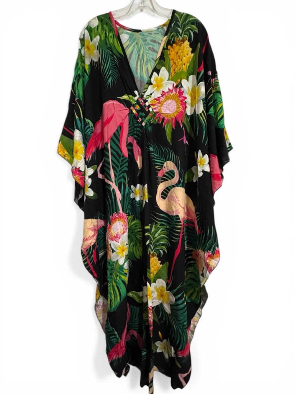 Kaftan Tropical Flamingo Black Maxi Dress V-Neck Diamond Weave Detail One Size